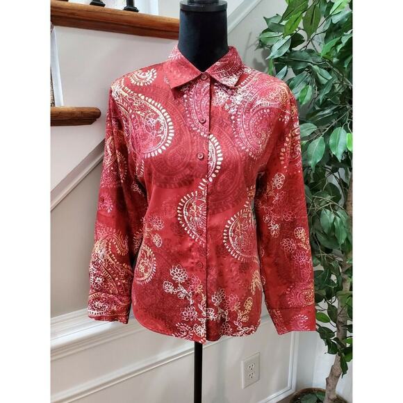 Westbound Women's Red Floral Cotton Long Sleeve Collared Button Down Shirt PL - Picture 10 of 10